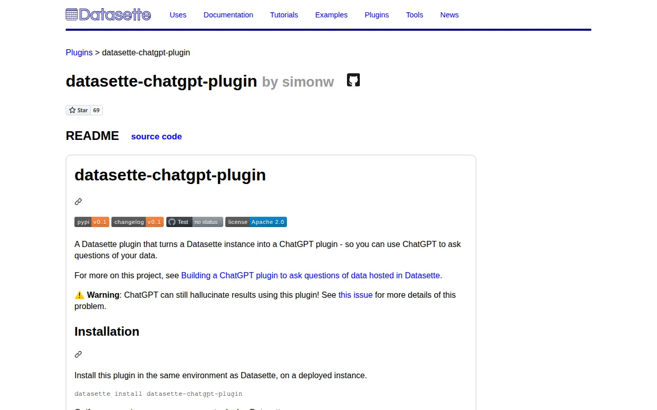 Datasette ChatGPT plugin software interface screenshot