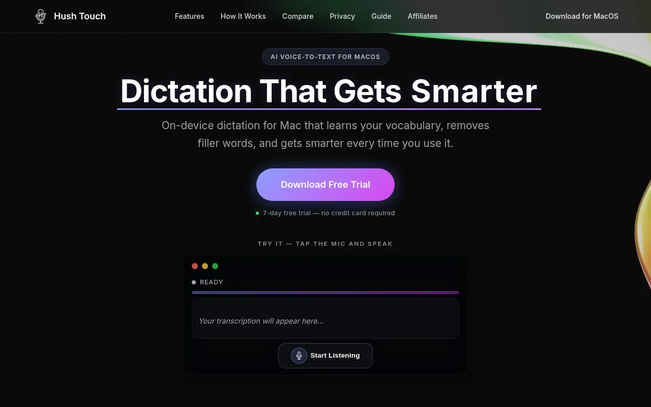 Hush Touch | Voice-to-Text for MacOS software interface screenshot