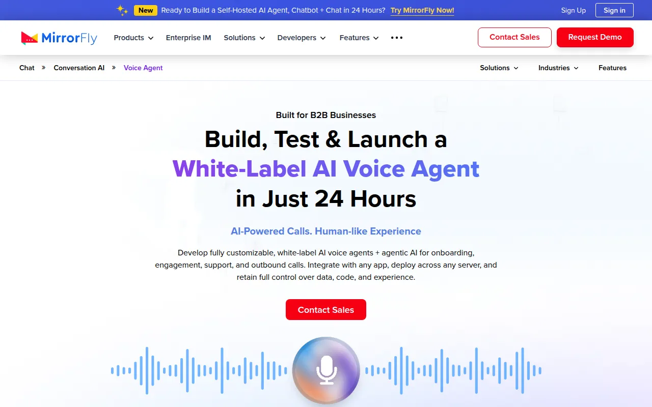 Mirrorfly AI Voice Agent software interface screenshot