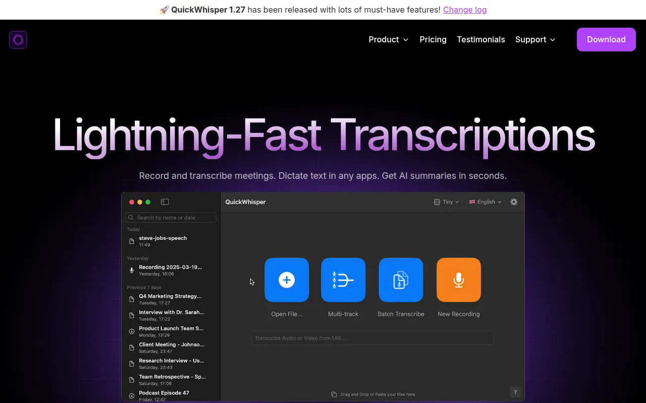 QuickWhisper software interface screenshot