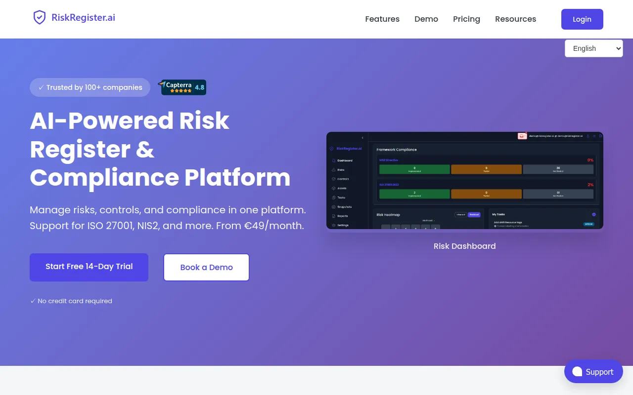 RiskRegister ai software interface screenshot