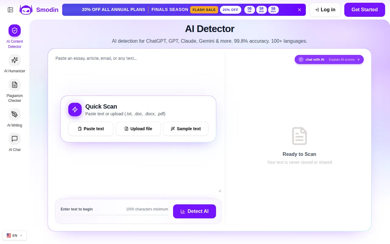Smodin AI Content Detector software interface screenshot
